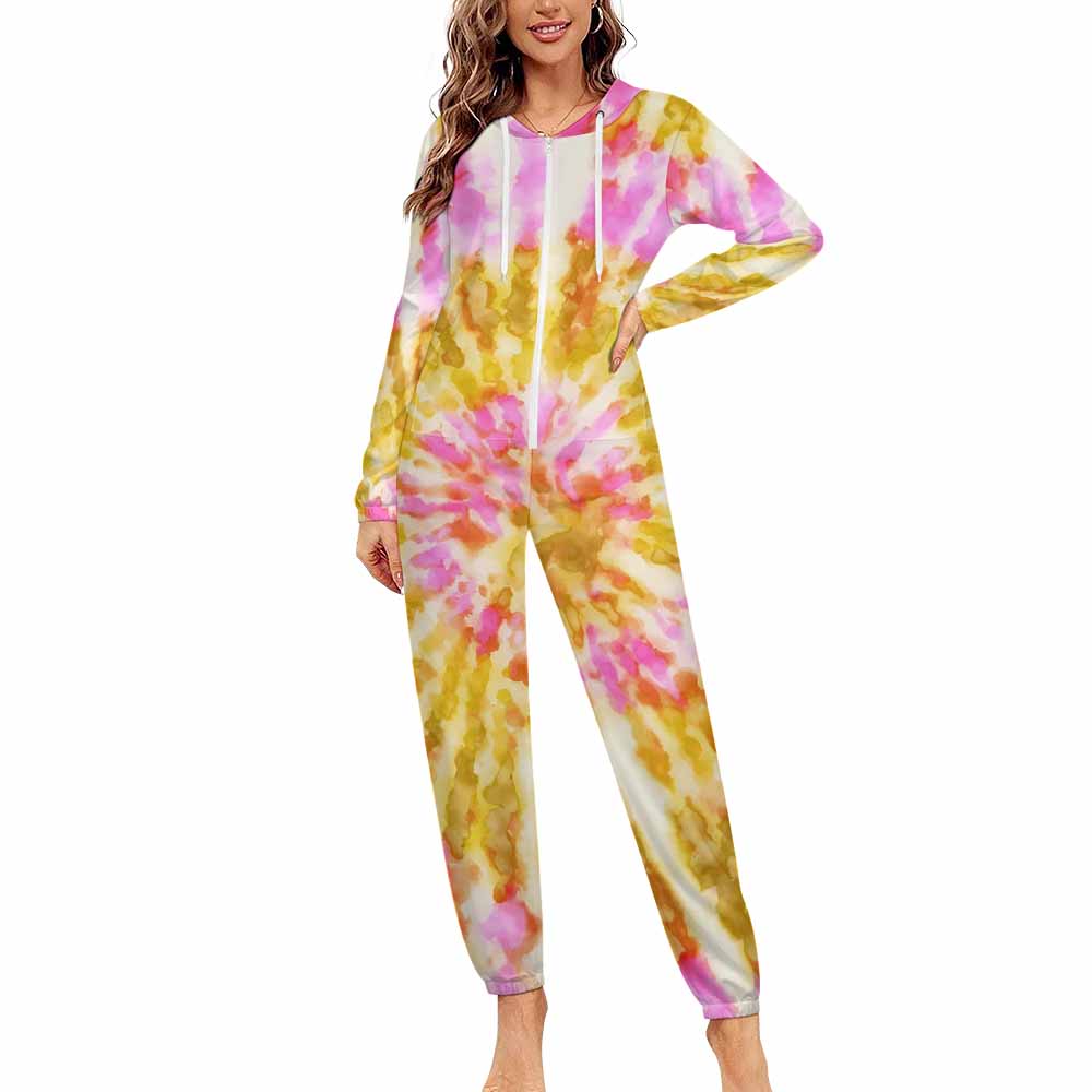 170gsm Faux Cotton Women Zip up Jumpsuit Pajama (All-Over Printing)