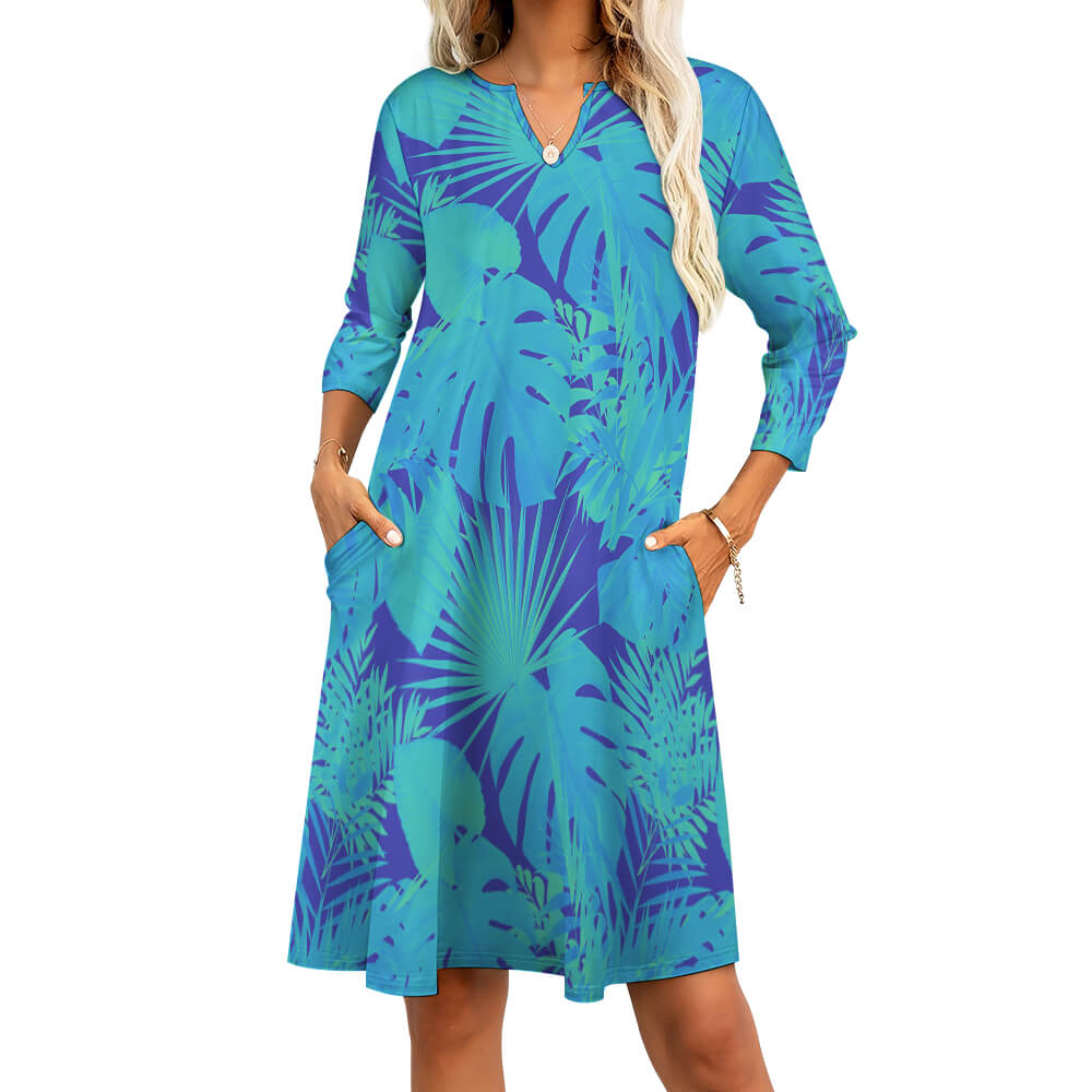 V-neck 3/4 Sleeve Dress with Pockets (All-Over Printing)
