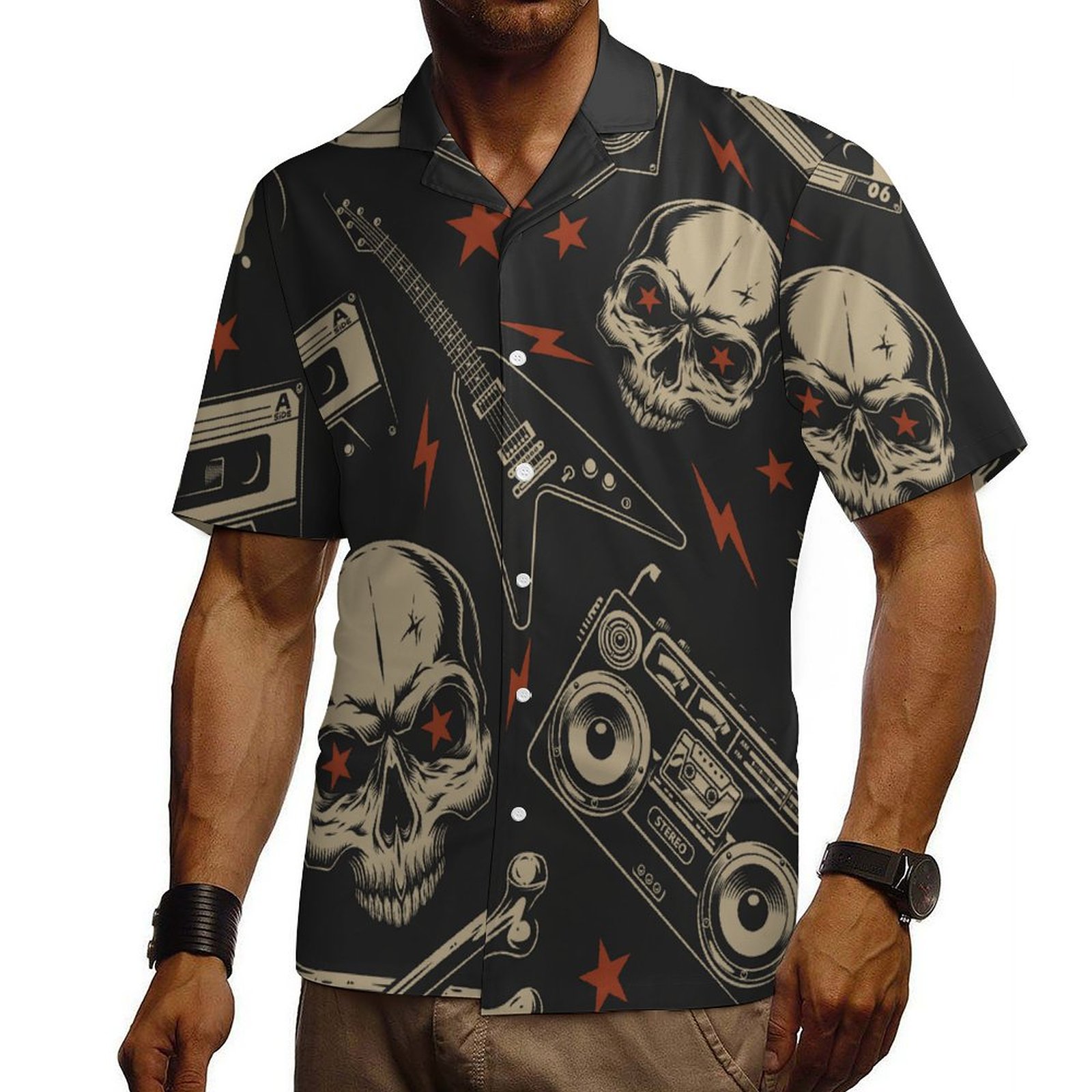 DTG 190gsm Cotton Men's Cuban Collar Short-Sleeve Shirt(All-Over Printing)