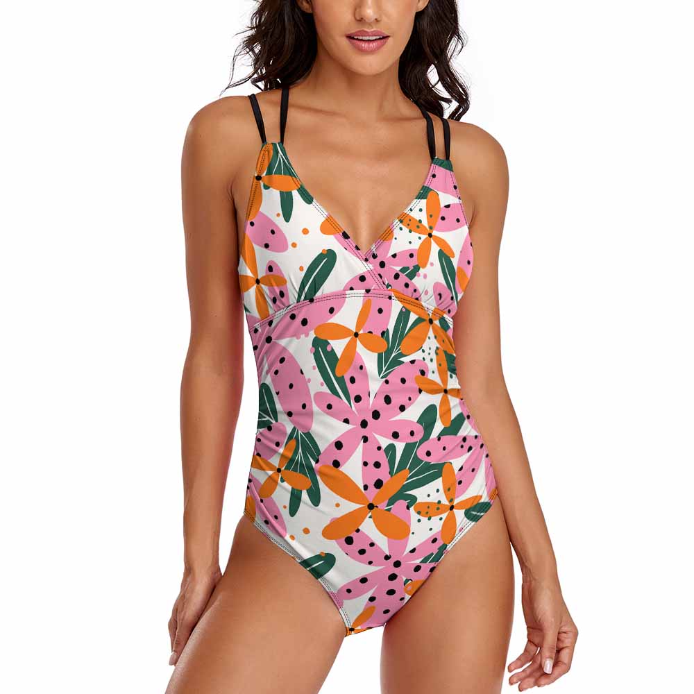 Women's One Piece Swimsuit Tummy Control V Neck Swimwear(All-Over Printing)