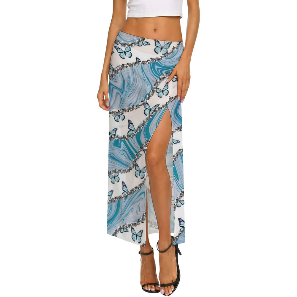 Sheer Mesh Skirt with High Slit(All-Over Printing)