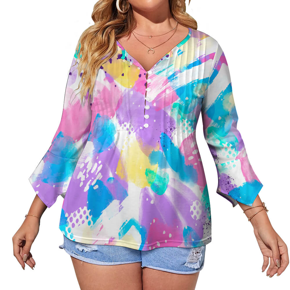 V-neck Women Top with Quarter Sleeve(All-Over Printing)