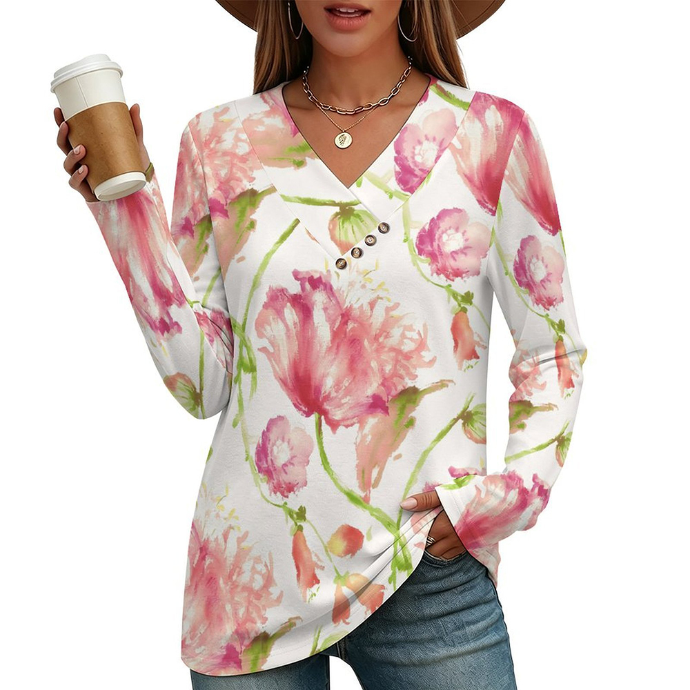 200gsm Women's V Neck Button Up Top(All-Over Printing)