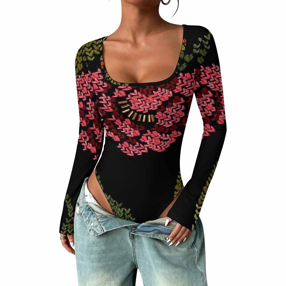 Square Collar Long Sleeved Jumpsuit(All-Over Printing)