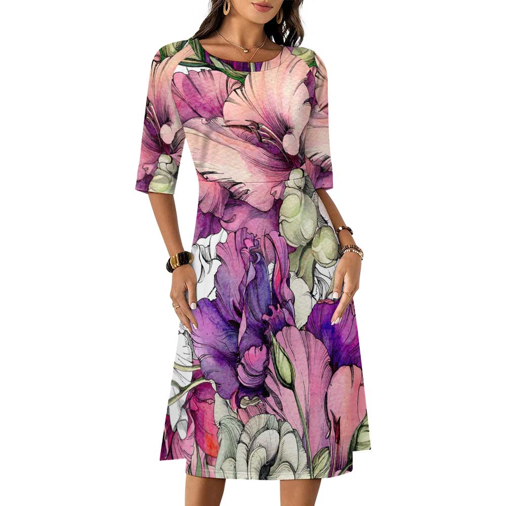 Round Neck 3/4 Sleeve Long Dress(All-Over Printing)