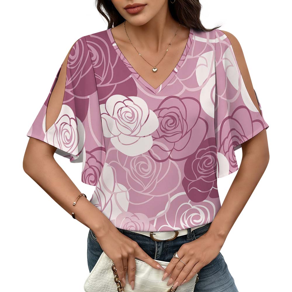 200gsm V Neck Cold Shoulder Ruffled Sleeve Top(All-Over Printing)
