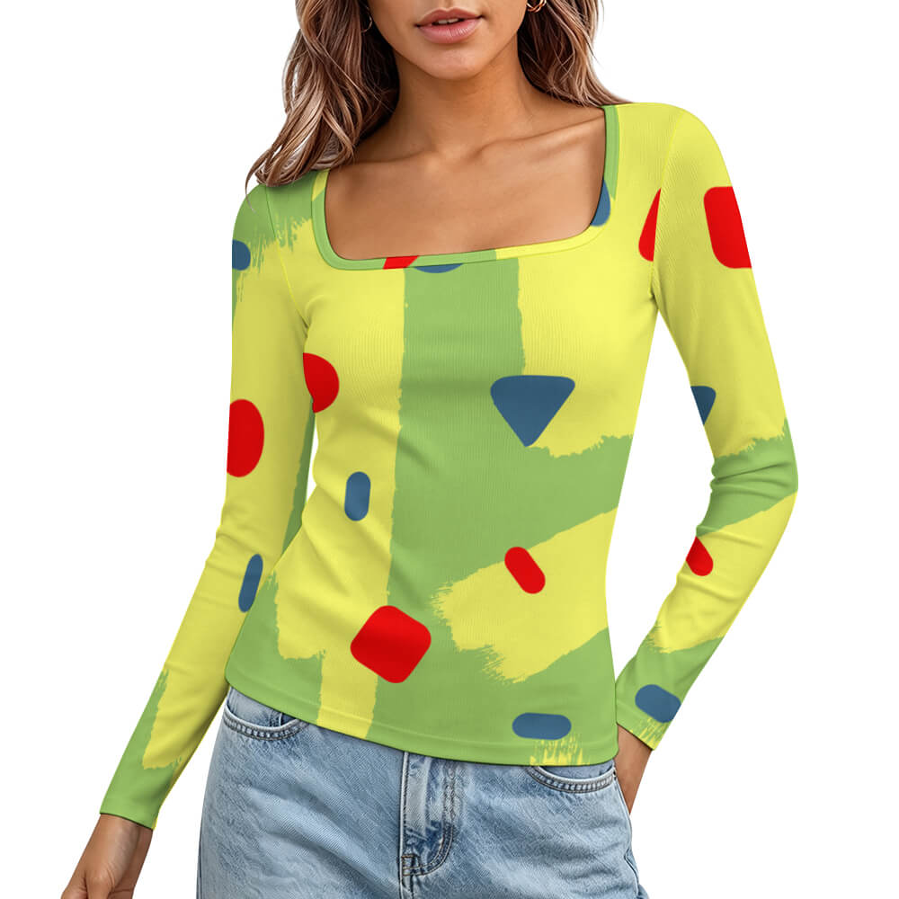 Women's Square Neck Long Sleeved Shirt(All-Over Printing)