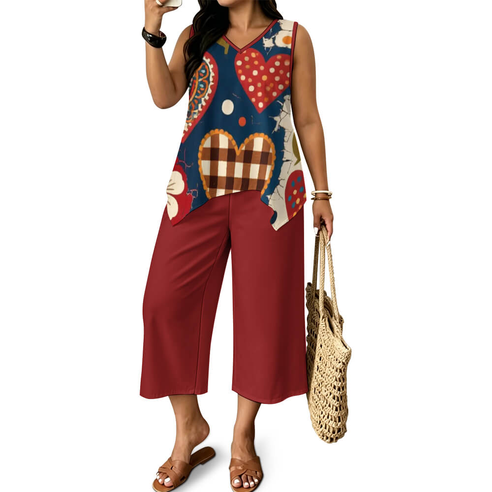 120gsm Sleeveless Top and Wide Leg Pants Set(All-Over Printing)