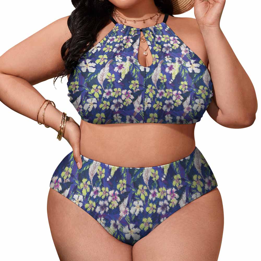 Plus Size Women's Two piece Swimsuit with High Neck Halter Top(All-Over Printing)