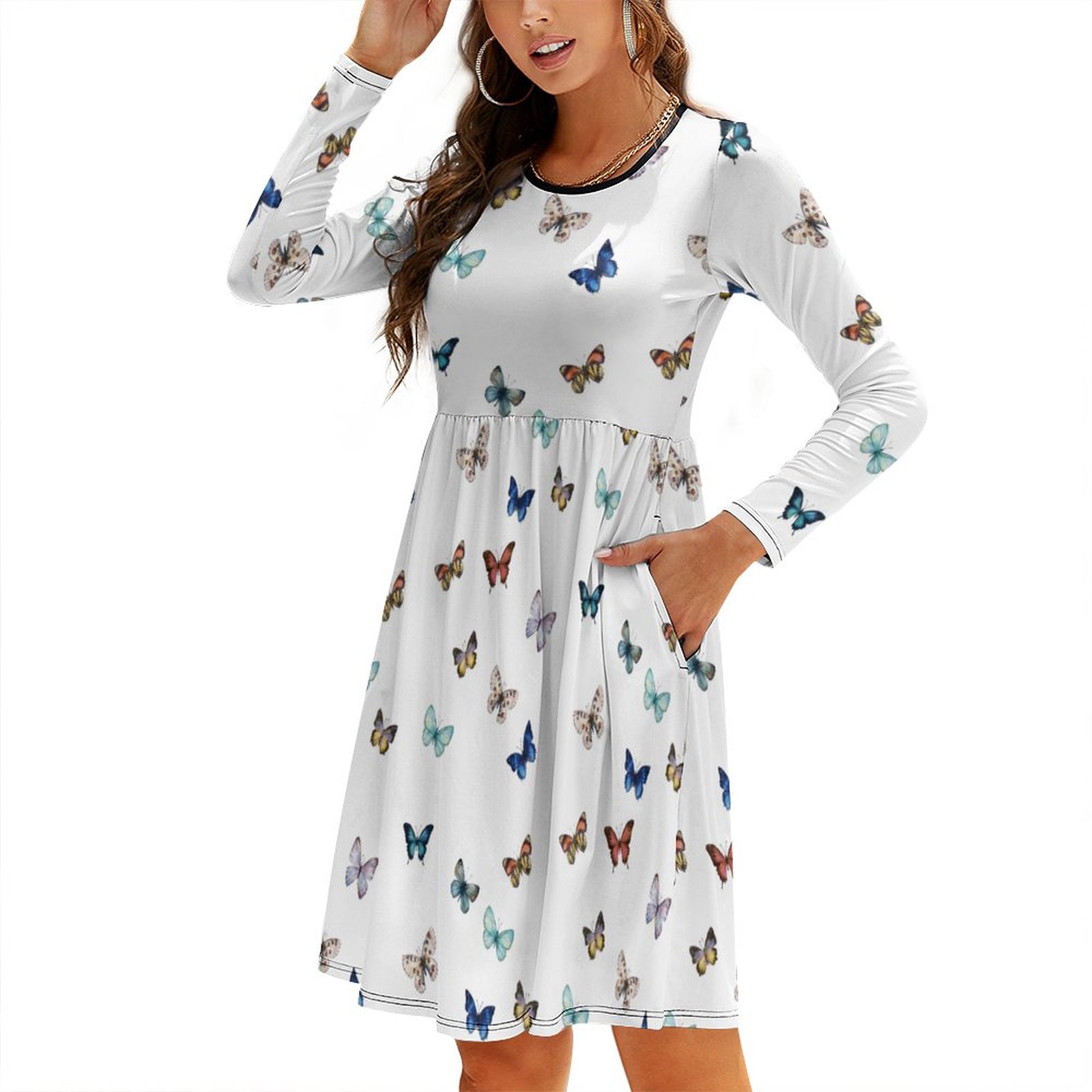 Round Neck Long Sleeve Dress with Pocket(All-Over Printing)