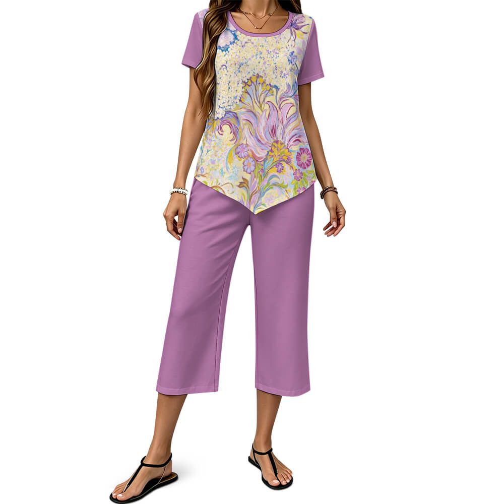 150gsm Short Sleeved Wide Leg Pants Set(All-Over Printing)