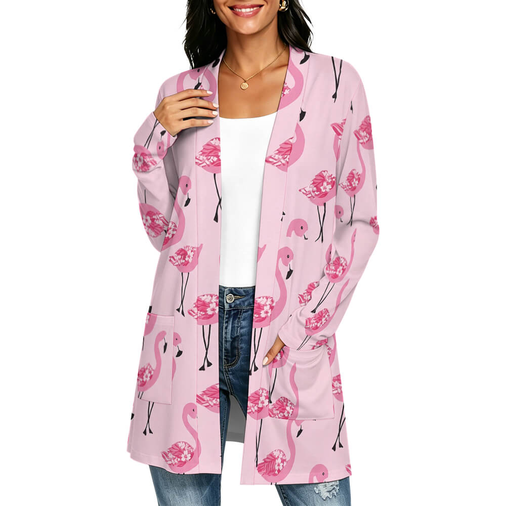 180gsm Women's Long Sleeve Cardigan with Pockets(All-Over Printing)