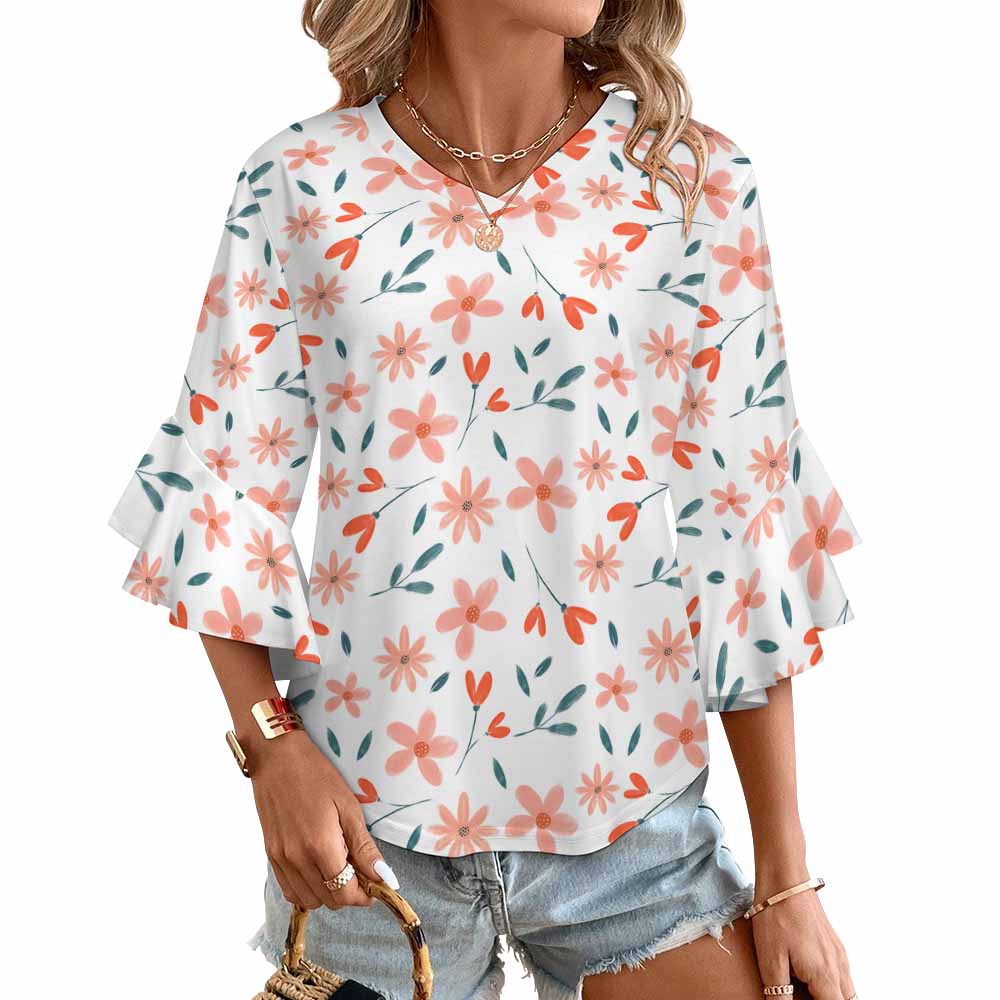 180gsm Women's V Neck Ruffled Sleeve Top(All-Over Printing)