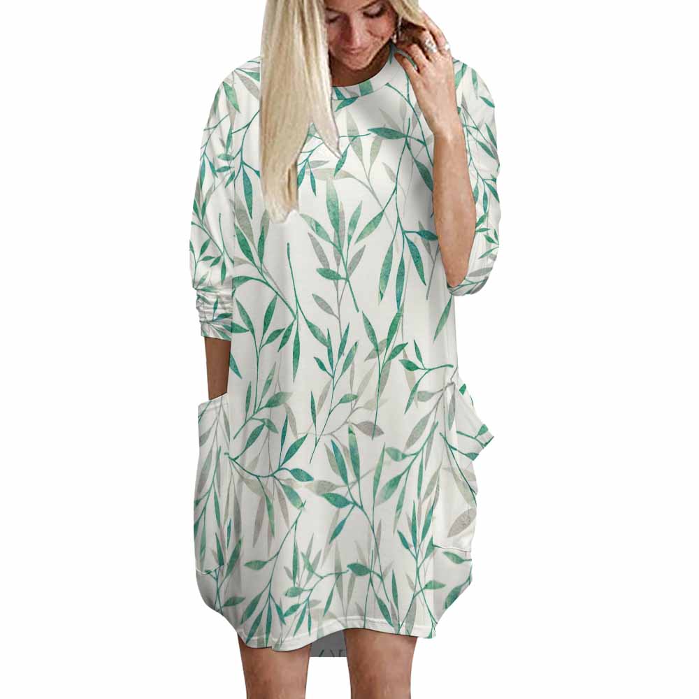 Loose Long-sleeve Dress with Pockets (All-Over Printing)