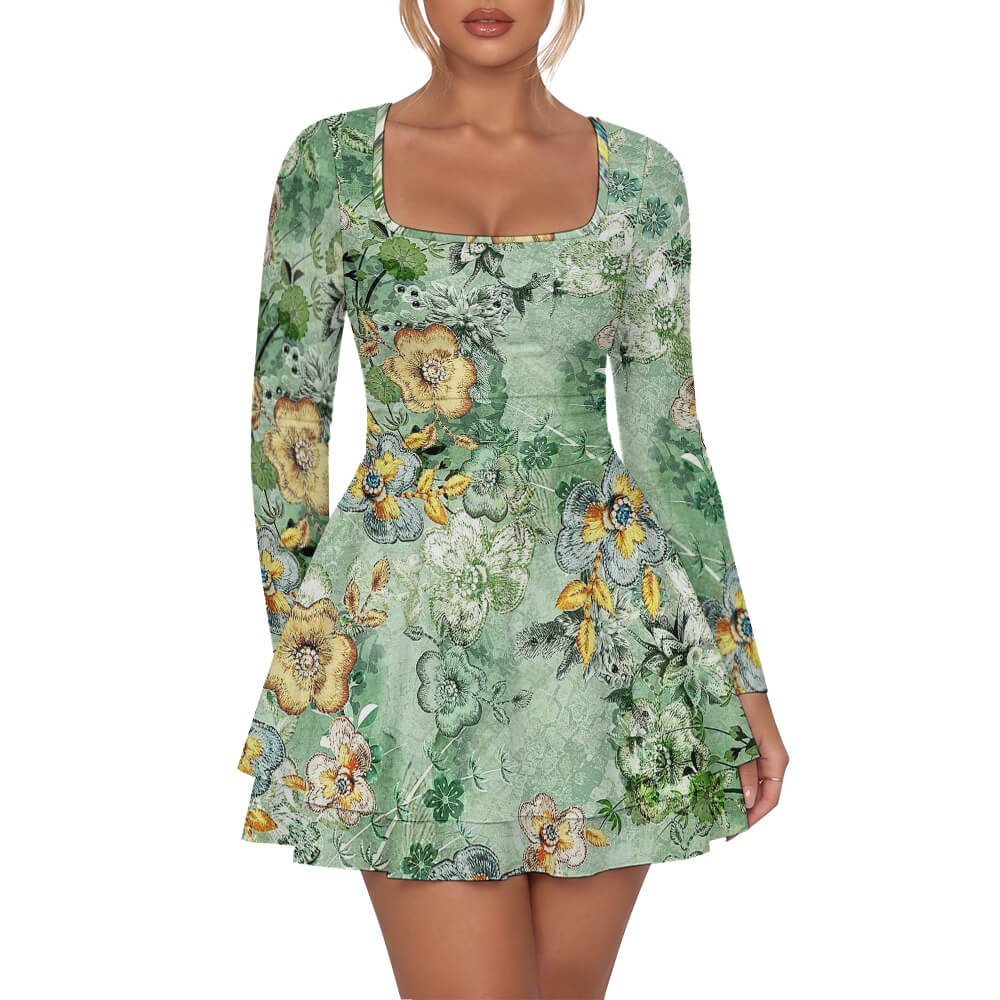 200gsm Women’s Square Neckline Ruffle Dress(All-Over Printing)