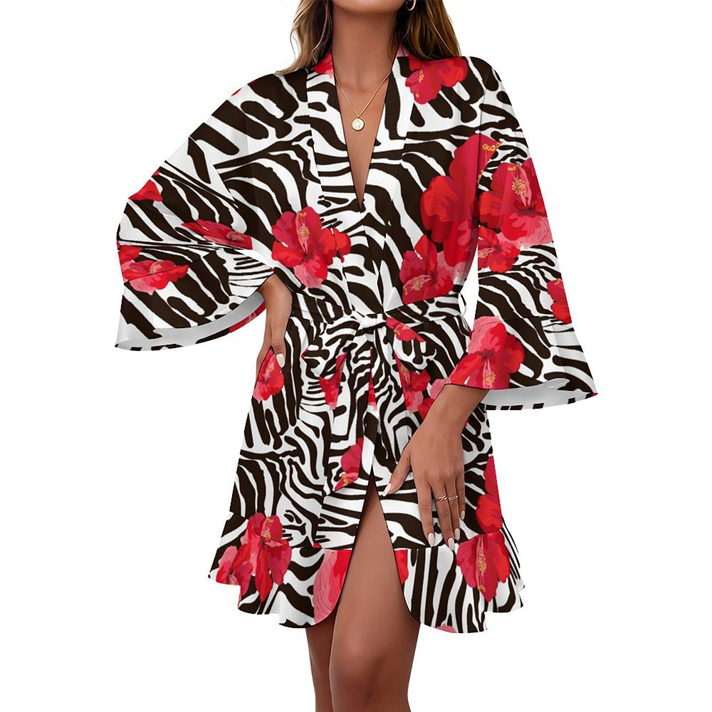 120gsm Women's Ruffle Long Sleeve Robe(All-Over Printing)