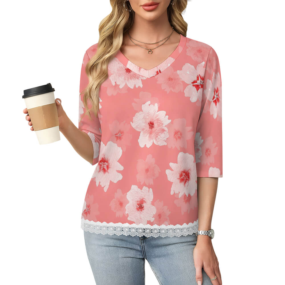200gsm Lace Trim V-Neck 3/4 Sleeve T-Shirt(All-Over Printing)